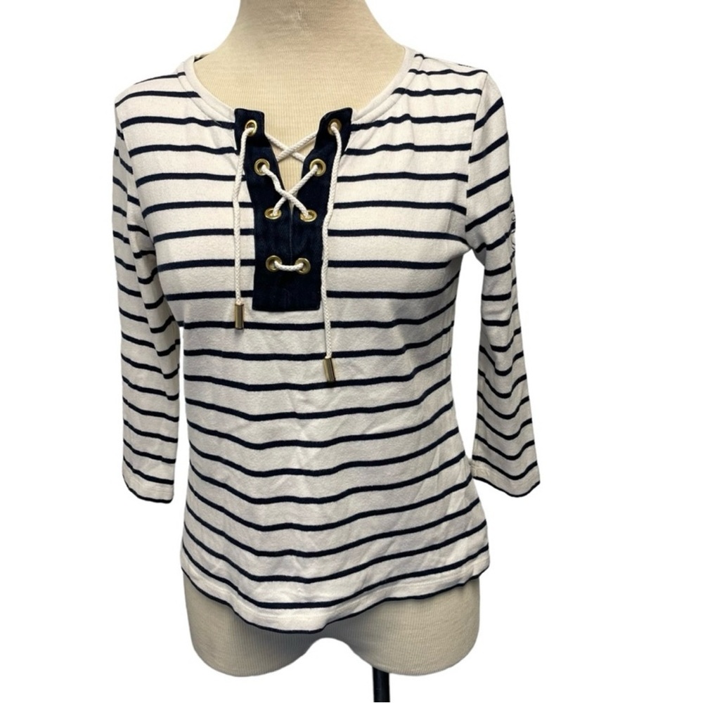 TORY BURCH NAVY WHITE STRIPE NAUTICAL TIE NECK T-SHIRT TOP TEE WOMENS X SMALL